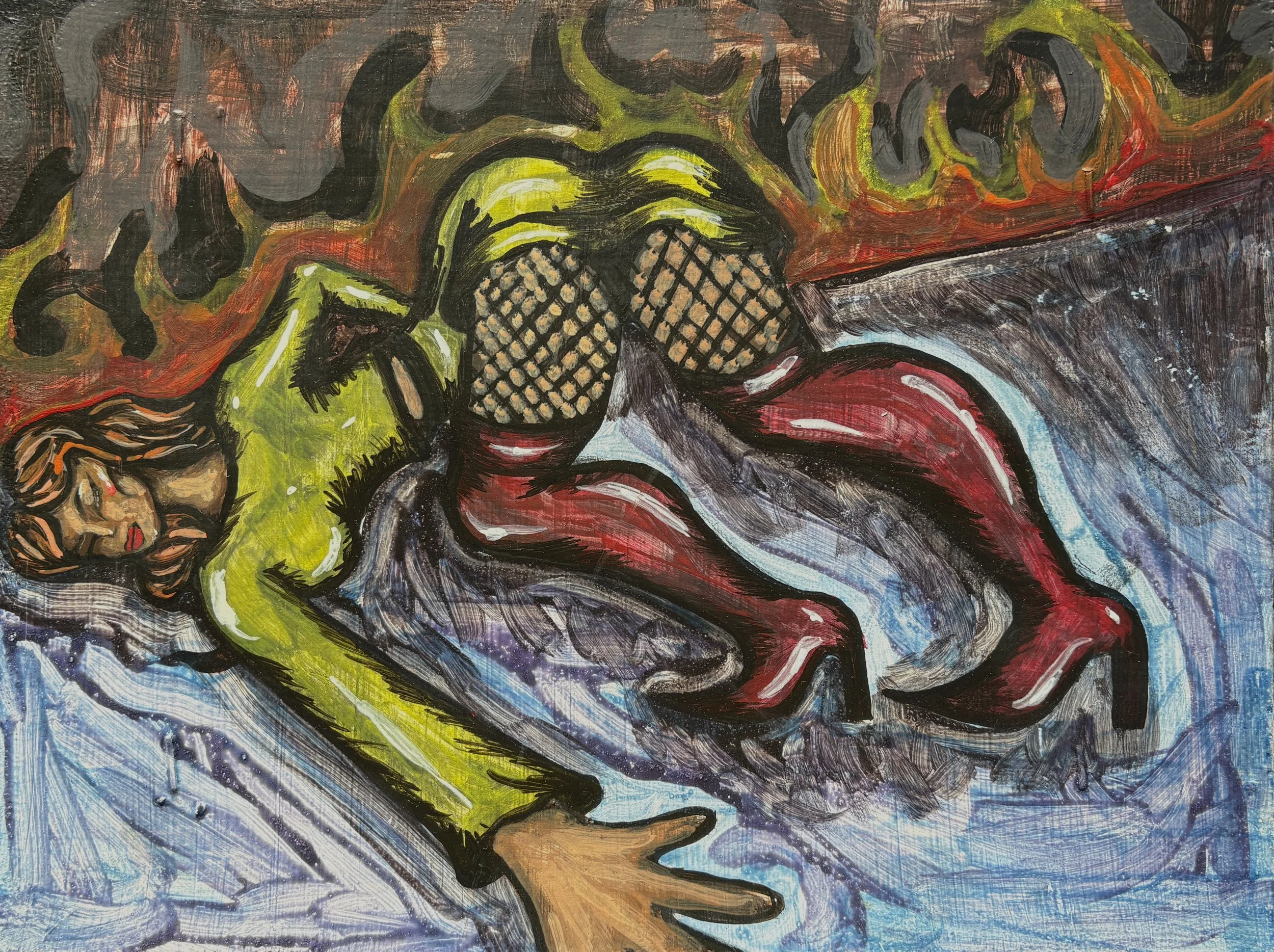 On fire, 2024
Egg tempera on masonite panel
8in x 11in