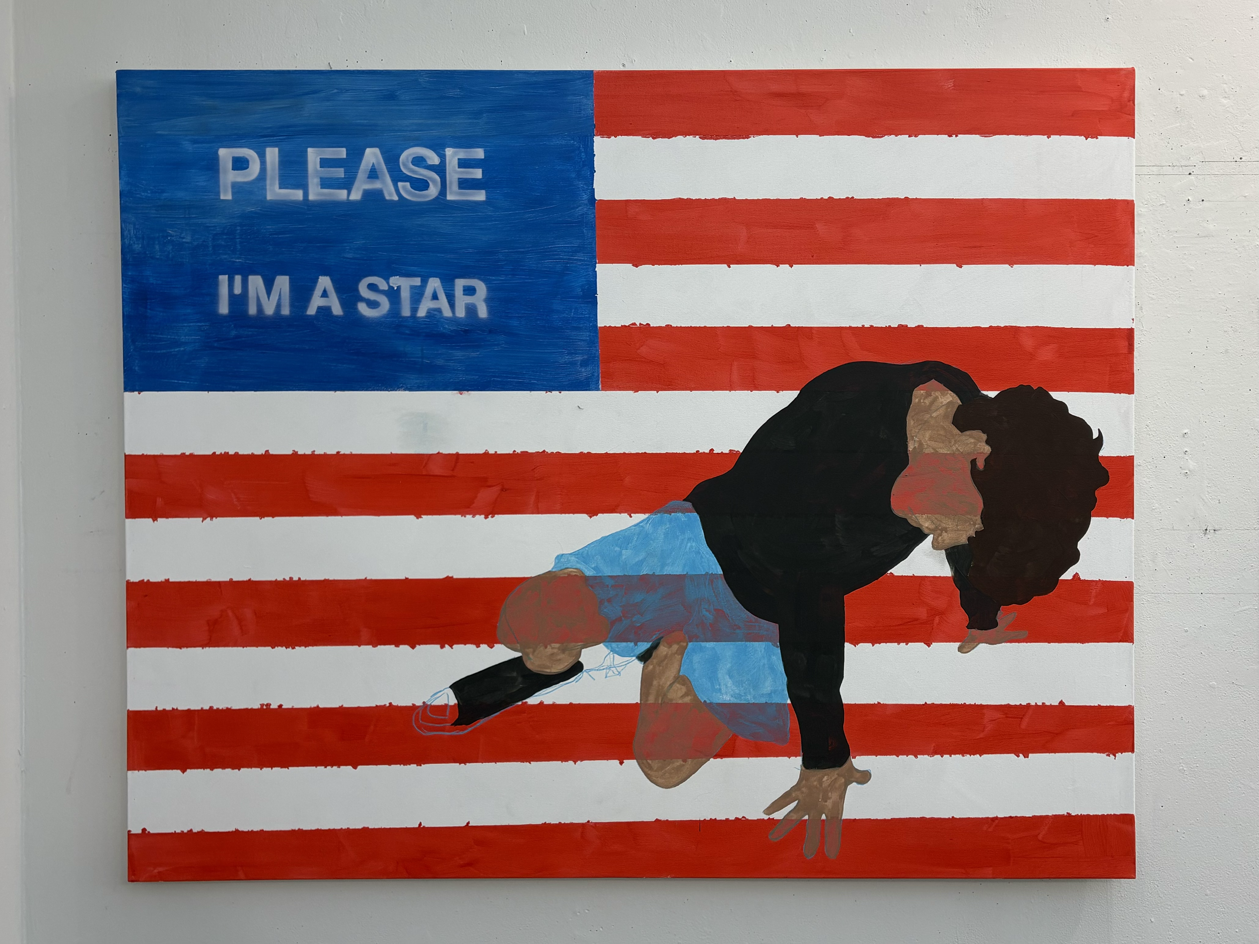 A painting of a person kneeling on one knee with self-hugging arms, with an American flag background, and the words 'PLEASE I'M A STAR' written on the flag.