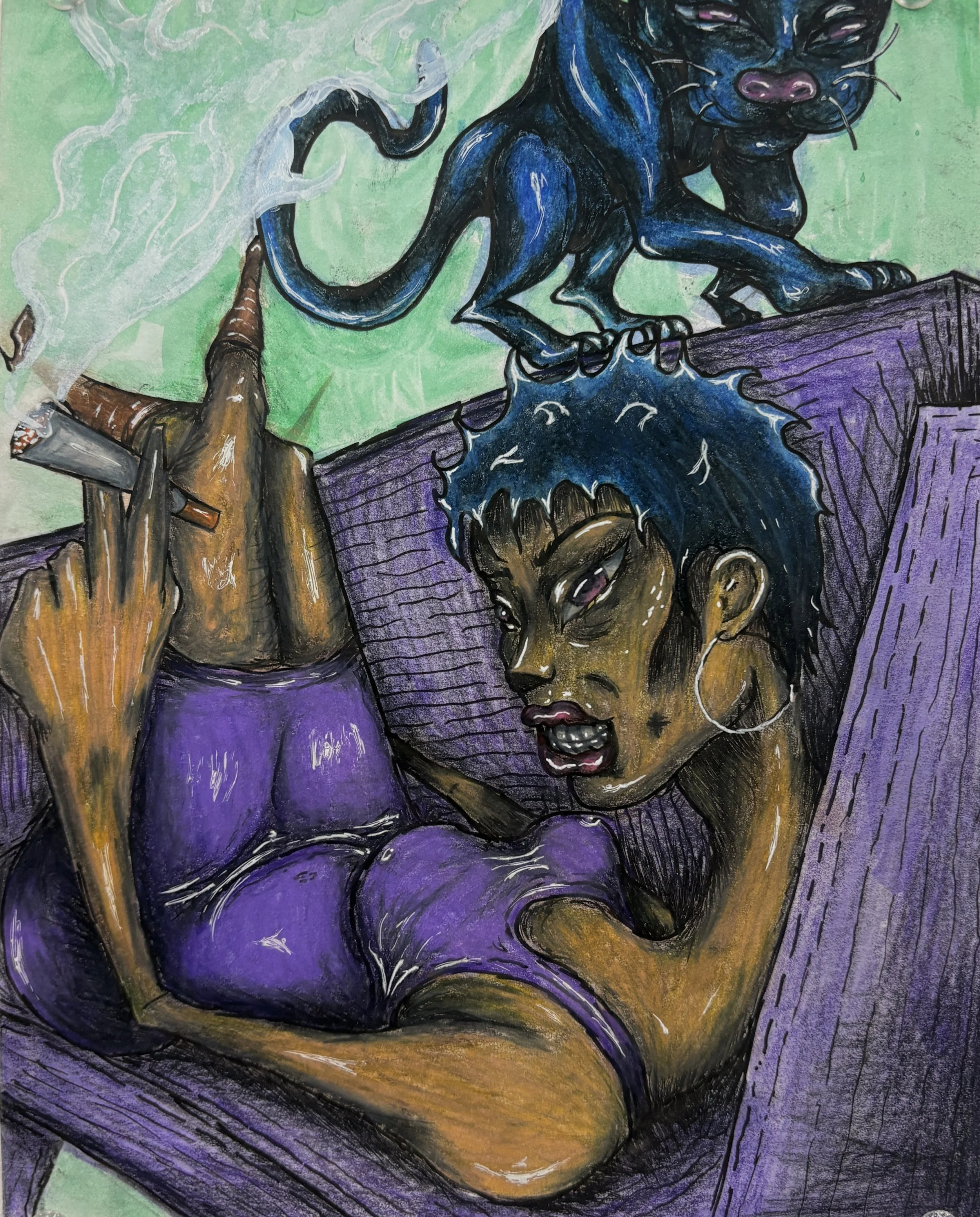 A colorful painting depicting a blue-eyed black panther crouching on a purple and brown wooden surface with a green background, and smoke rising from an unknown source.