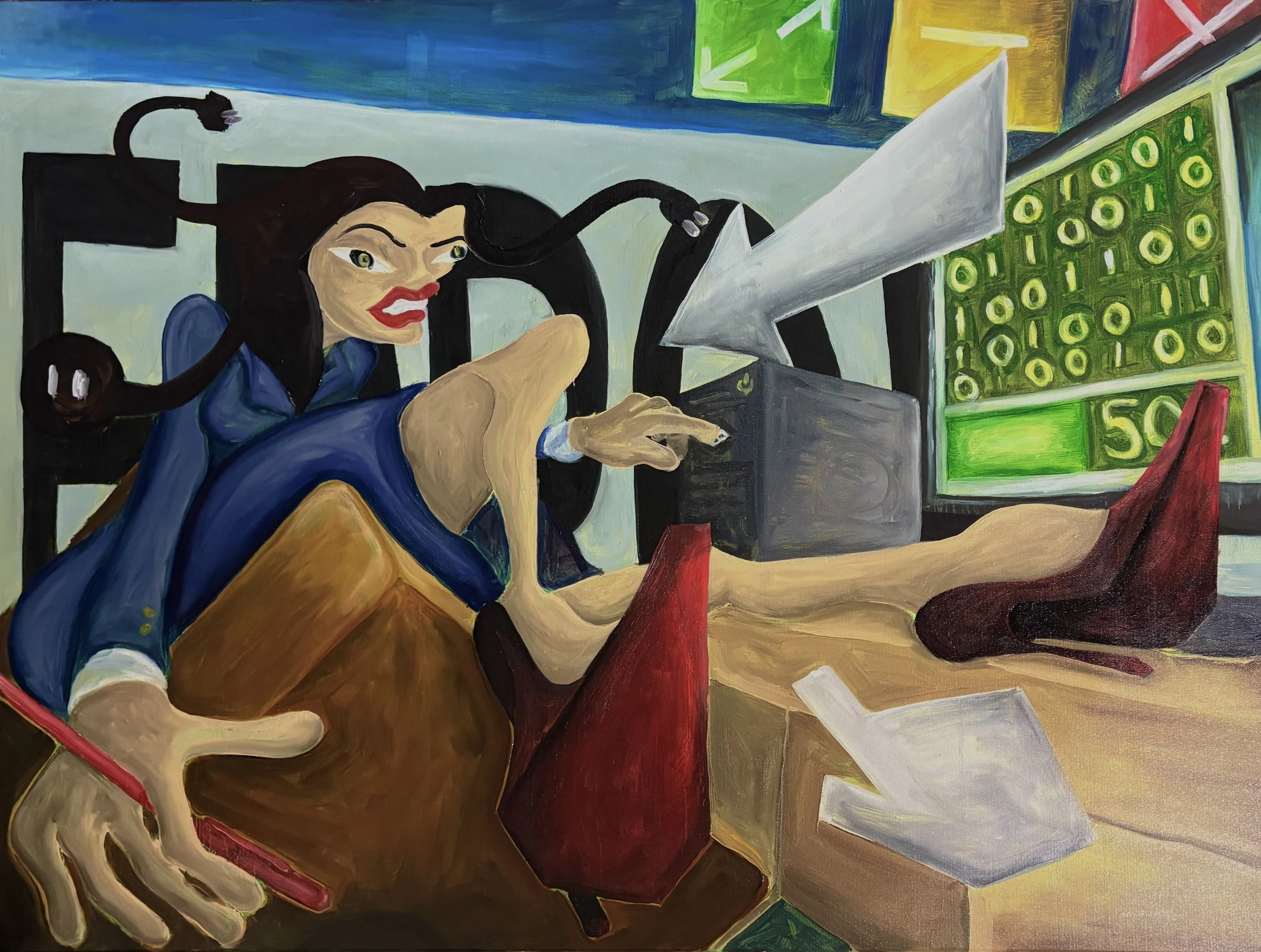 An abstract painting of a woman with long dark hair, red lips, and bold eyes, sitting at a desk with a calculator and a telephone, surrounded by colorful boxes and objects.