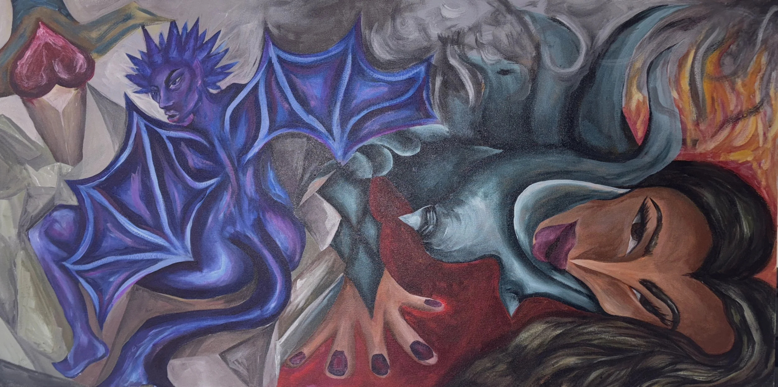 A colorful abstract painting featuring a woman with dark hair lying down with her eyes closed, surrounded by swirling patterns in shades of blue, red, gray, and black.