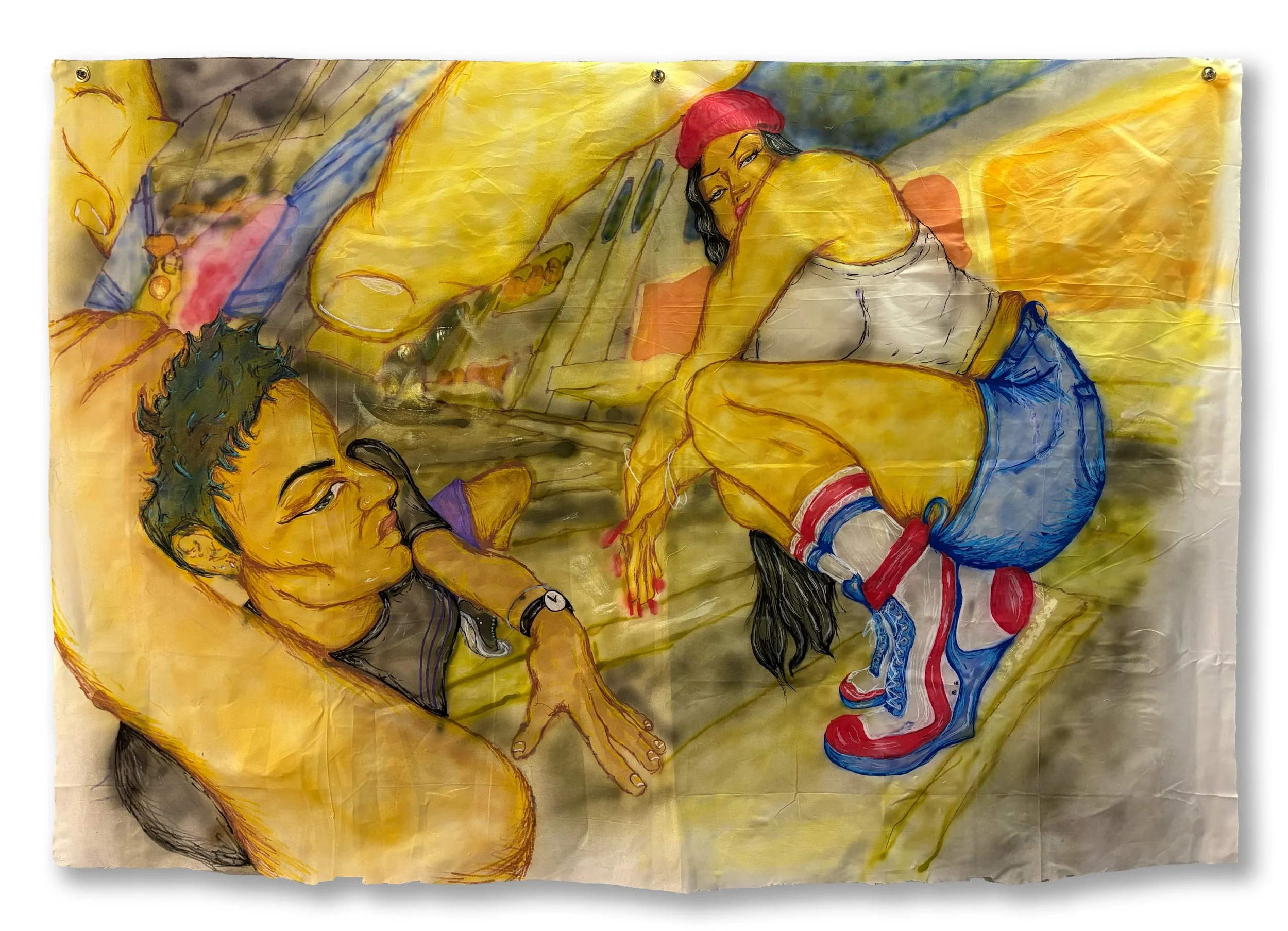 Colorful hand-drawn illustration of a woman with long black hair, wearing a red hat, white top, and shorts, lying on the ground next to a large, reclining figure with dark skin and curly hair, against a yellow background.