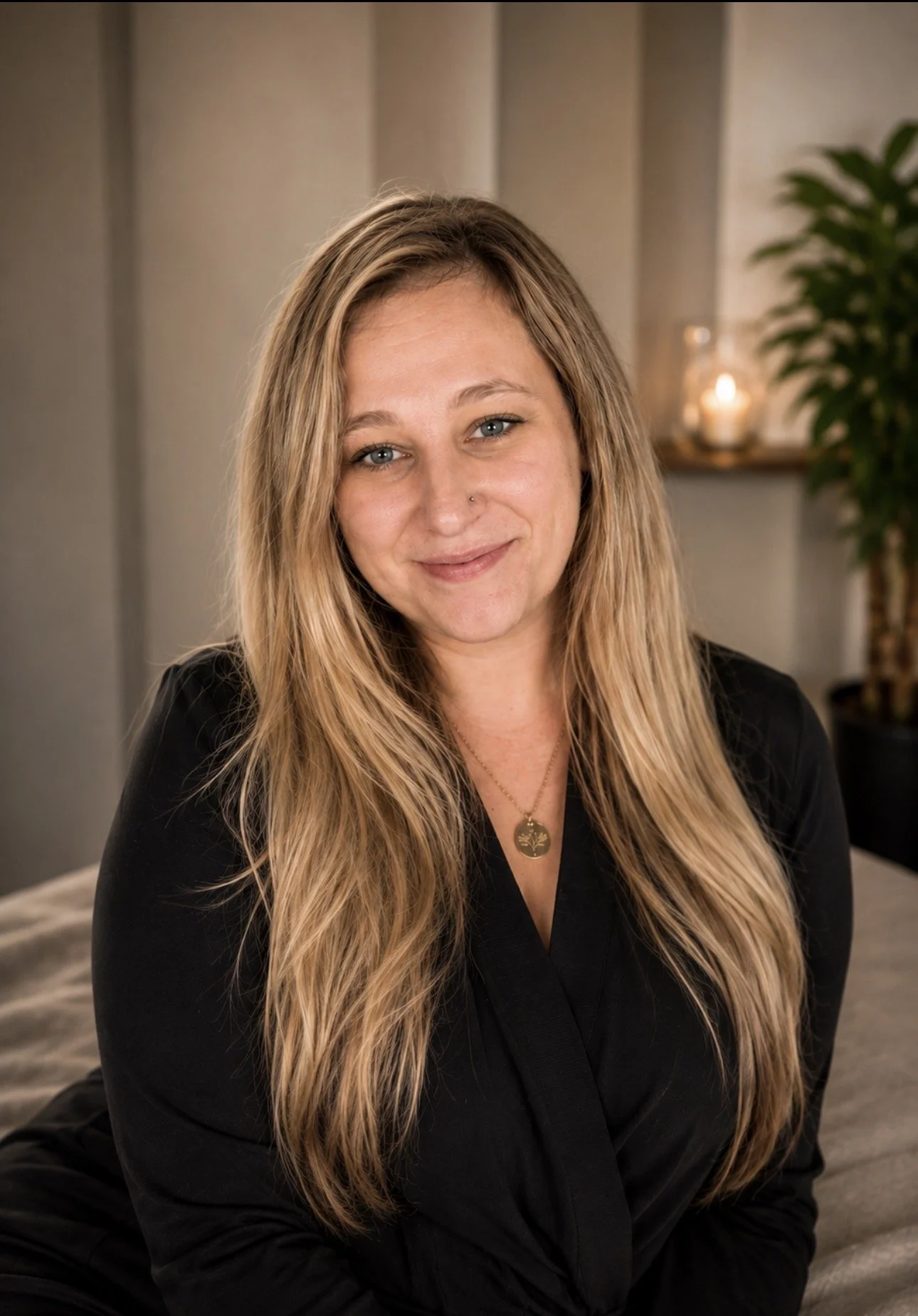 A woman with long blonde hair, wearing a black top and gold necklace, sitting inside a cozy room with beige walls, a potted plant, and lit candles in the background.