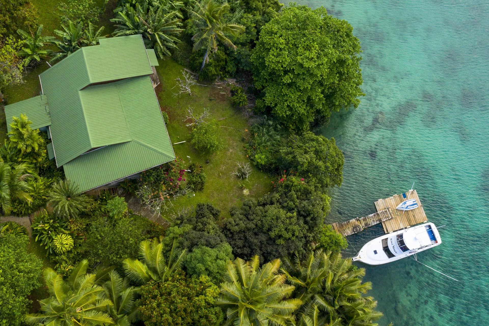 Aerial view of a green-roofed house surrounded by lush tropical trees on a shoreline, with a dock and boats in clear blue water.