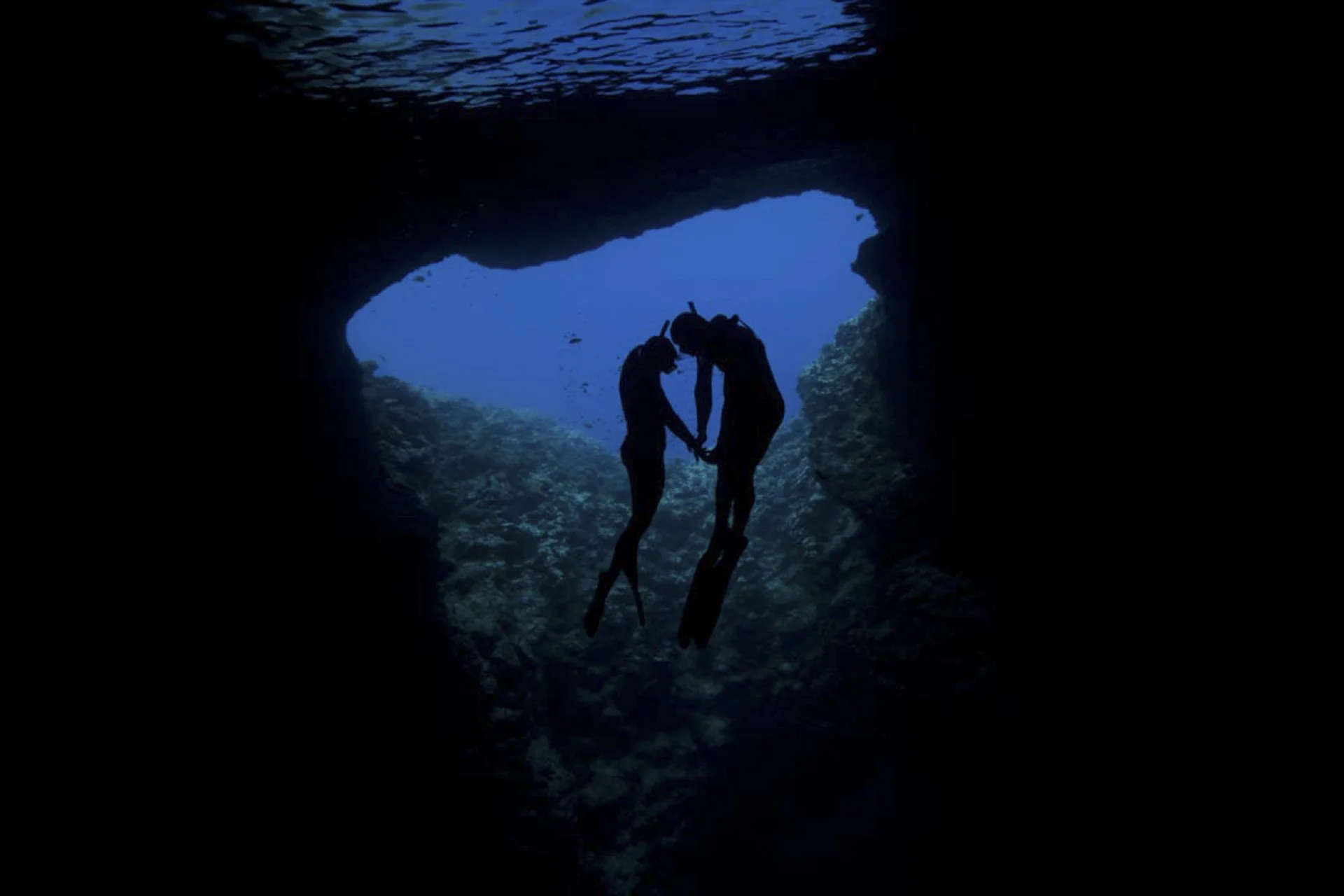 Silhouettes of two people holding hands and floating underwater near a rock cave with coral and fish in the background.