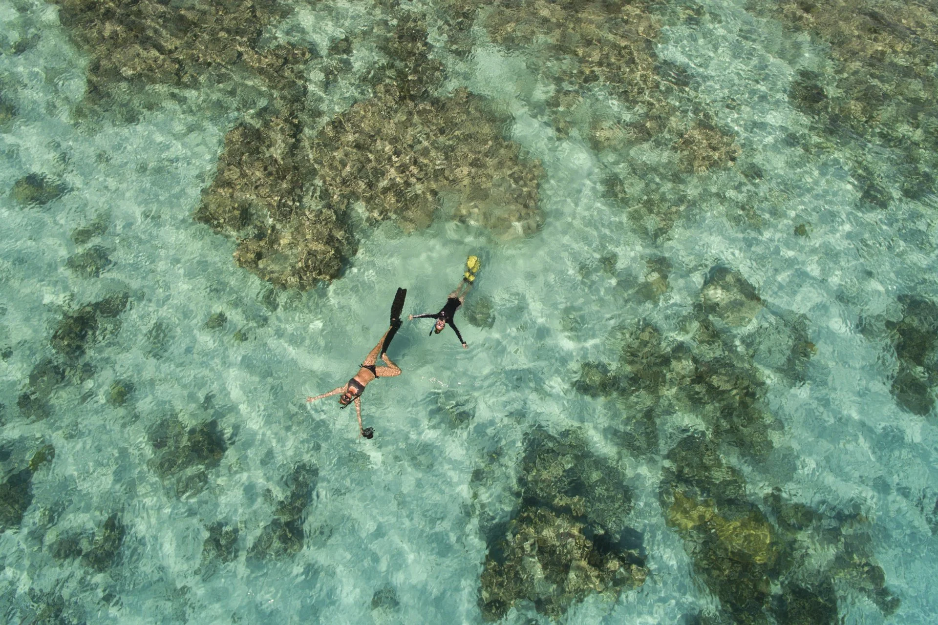 Two people snorkeling in clear turquoise water over a coral reef, viewed from above.