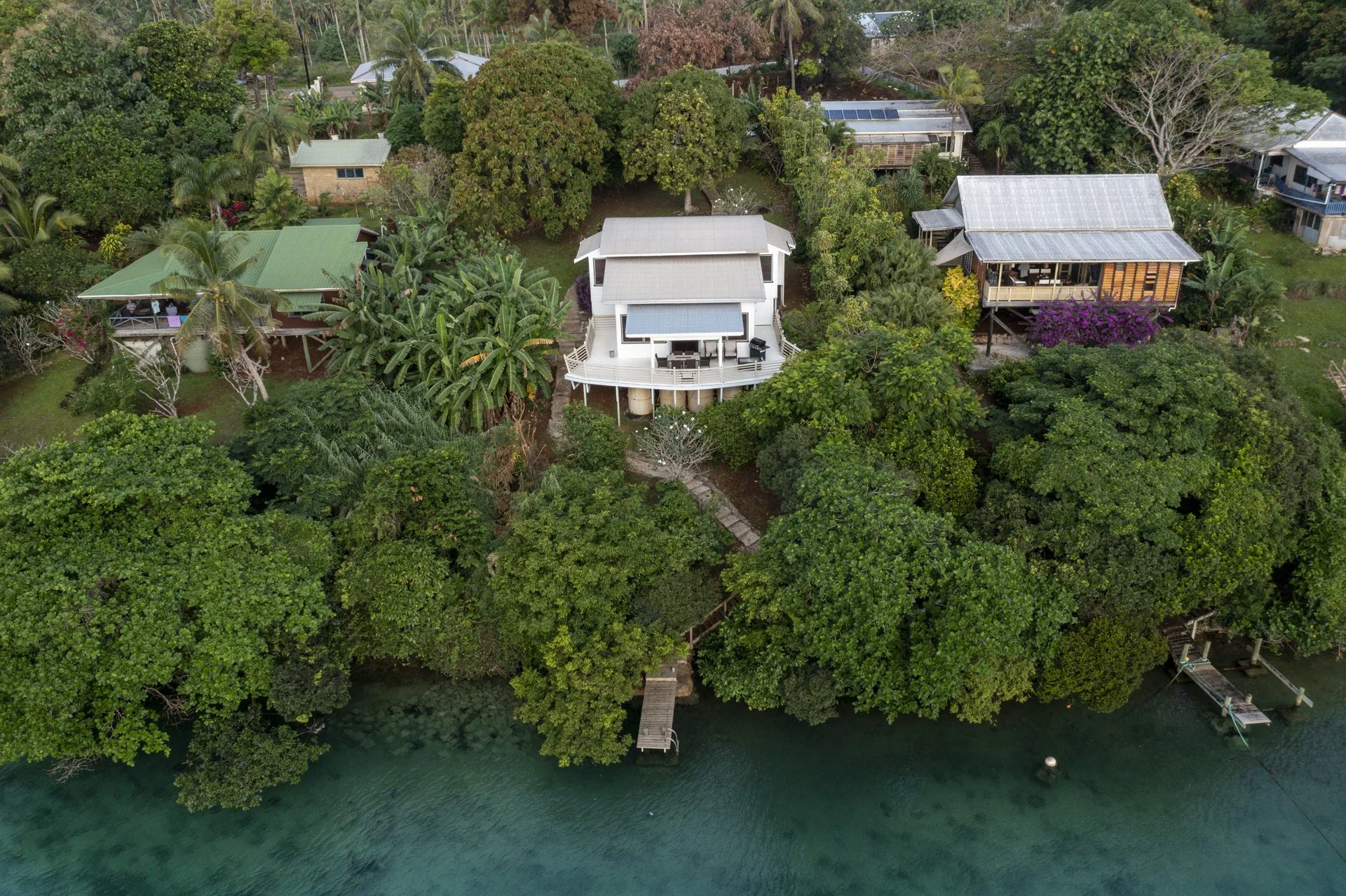 Aerial view of a house on a waterfront surrounded by dense greenery and trees.