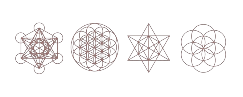 Four geometric line art symbols arranged horizontally on a black glittery background.