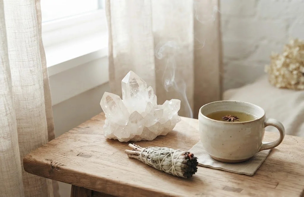 A ceramic mug filled with tea and a star anise floating on top, placed on a cloth on a wooden table. Next to the mug is a bundle of sage smudging sticks tied with string. Behind the table, light curtains are partially drawn, and a decorative crystal cluster emits gentle steam or smoke.