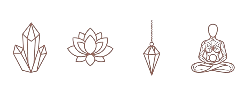 Four minimalist geometric and organic line art ornaments, including a leaf, lotus flower, diamond-shaped pendant, and meditative figure.