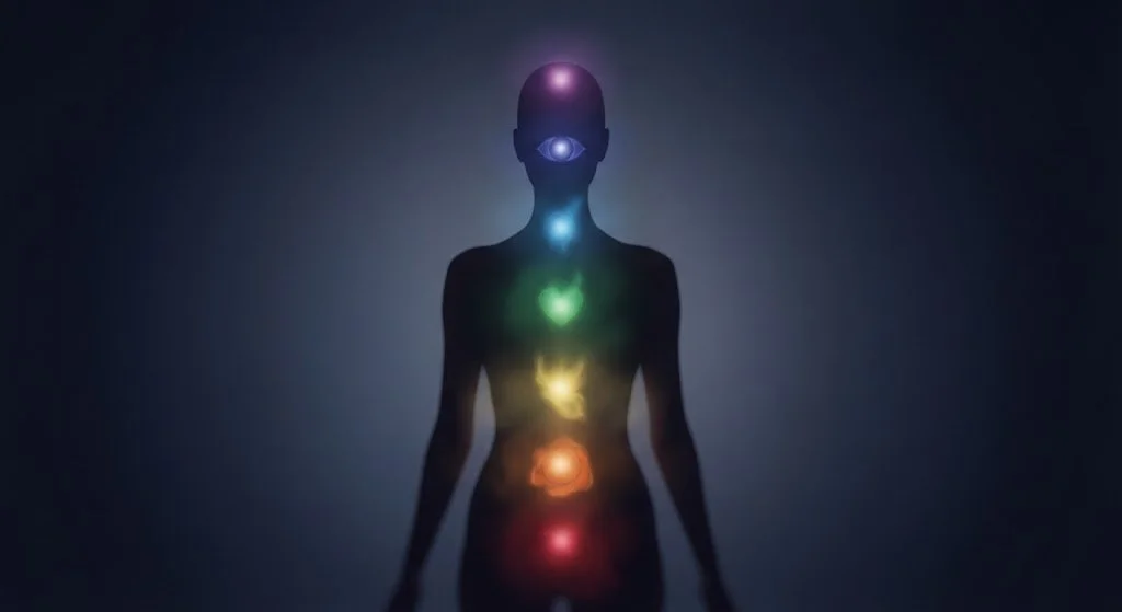 Silhouette of a person with seven colored lights aligned along their body, representing chakras, against a dark background.