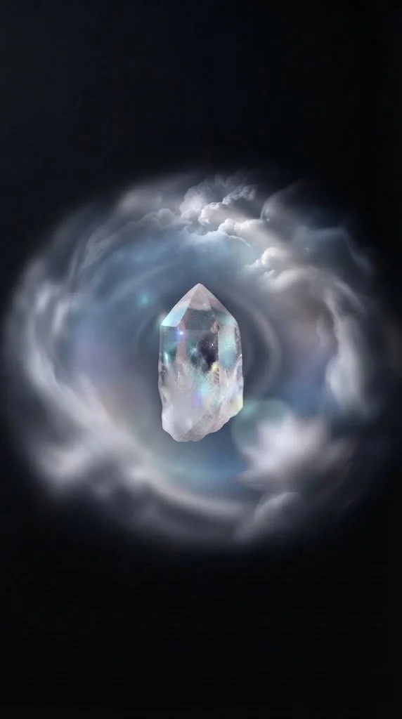 A crystal floating inside a circular opening with a cloudy sky background