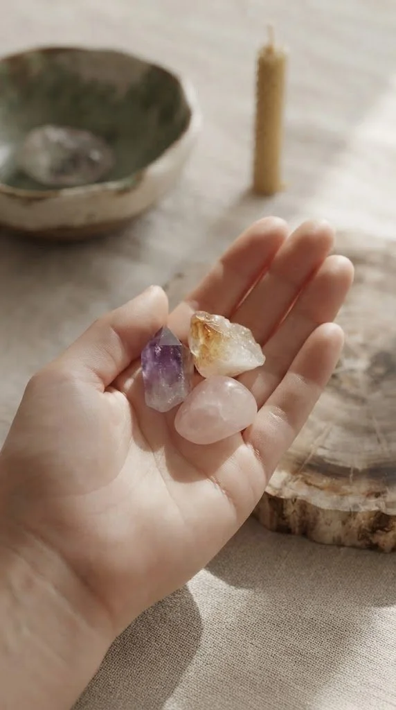 A hand holding three raw crystals, with a bowl and a lit candle in the background.