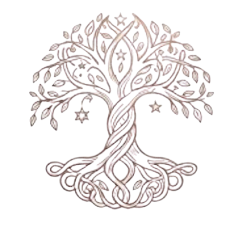 A metallic tree with intertwined roots and branches, decorated with hanging charms and ornaments.