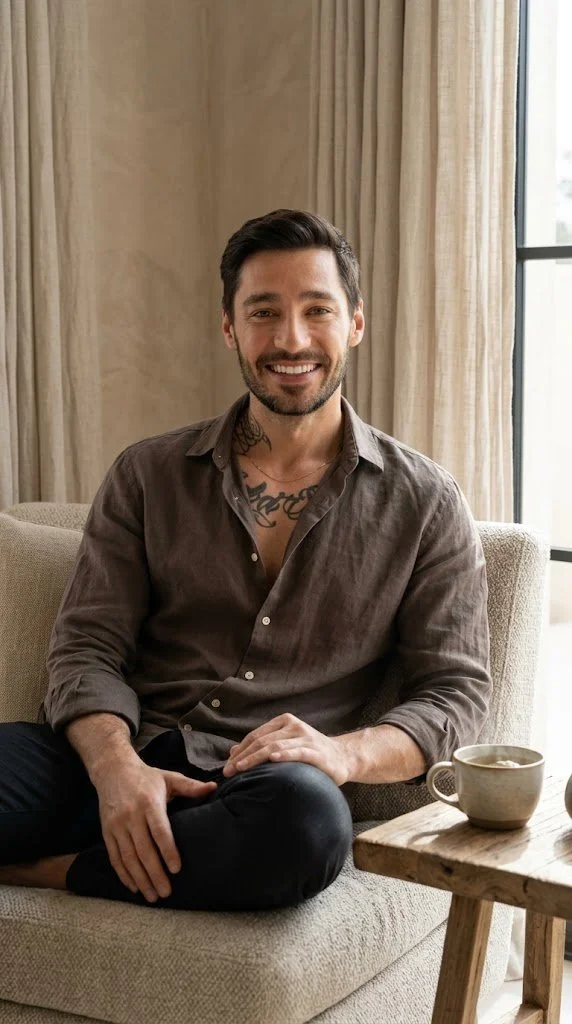 A smiling man with dark hair and a beard, sitting on a beige couch in front of beige curtains by a large window, with a ceramic mug on a wooden table nearby.