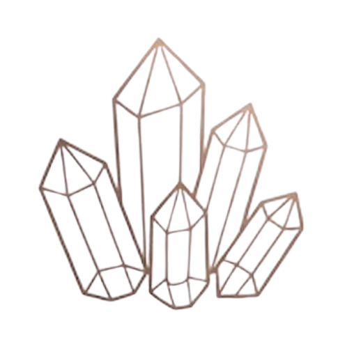 Sketch of six large, faceted crystal shapes with geometric outlines in pencil or digital lines.
