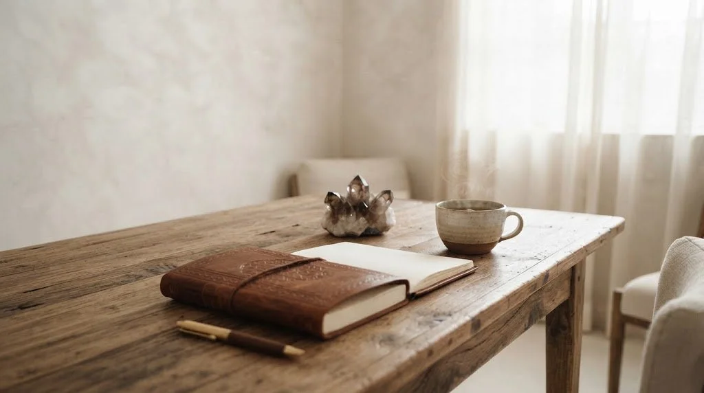 A rustic wooden table with a brown leather-bound notebook, a pen, a ceramic cup, a decorative object, and natural light filtering through sheer curtains in the background.
