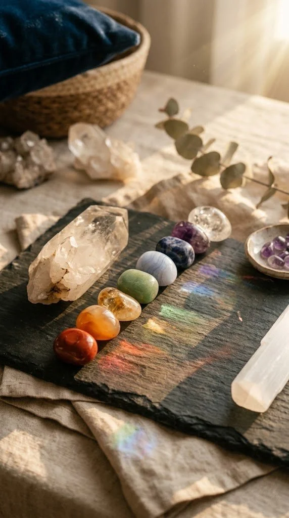 Assorted polished and raw crystals and stones arranged on a black slate board, with a small dish of purple stones, a dried eucalyptus branch, and a fabric surface underneath.