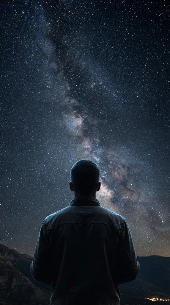 A person standing outdoors at night, gazing up at a star-filled sky with the Milky Way galaxy visible.