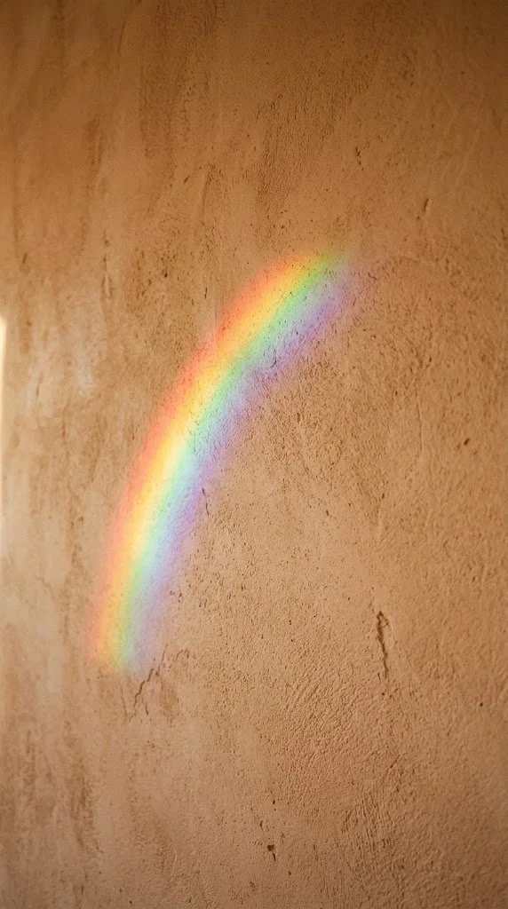 A small rainbow projected on a tan textured wall.