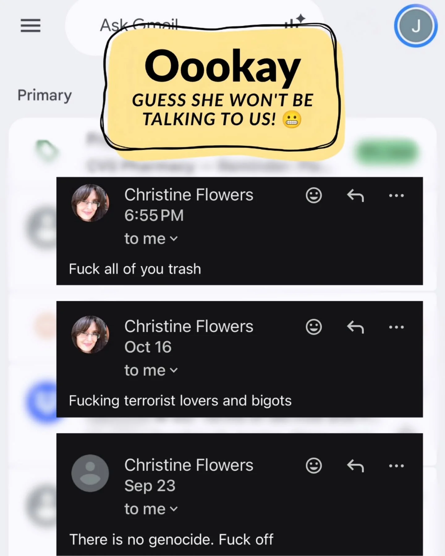 Oookay... guess she won't be talking to us! 😬 Here are some lovely messages that our comms director has received from @phillyinquirer columnist Christine Flowers. There's plenty more vitriol where that came from--and we'll be sharing it!