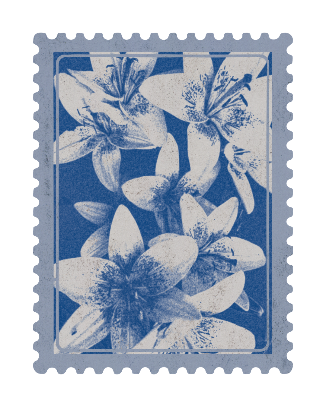 Francobollo con immagine di fiori di gelsomino in tonalità blu.