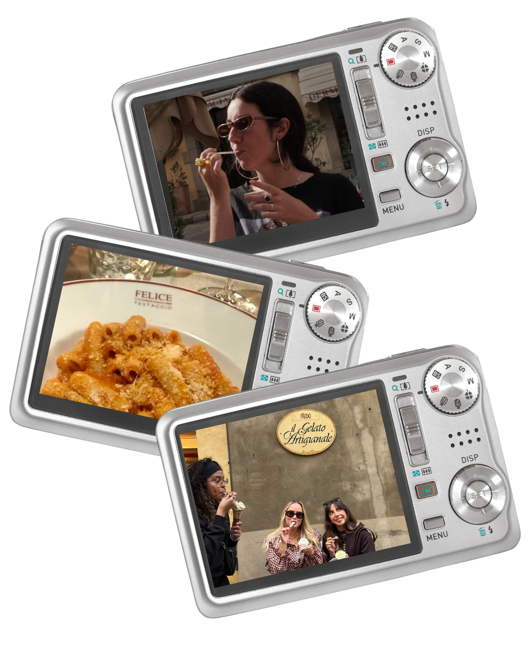 Tre fotocamere digitali con schermi che mostrano persone che mangiano gelato e una persona che fuma