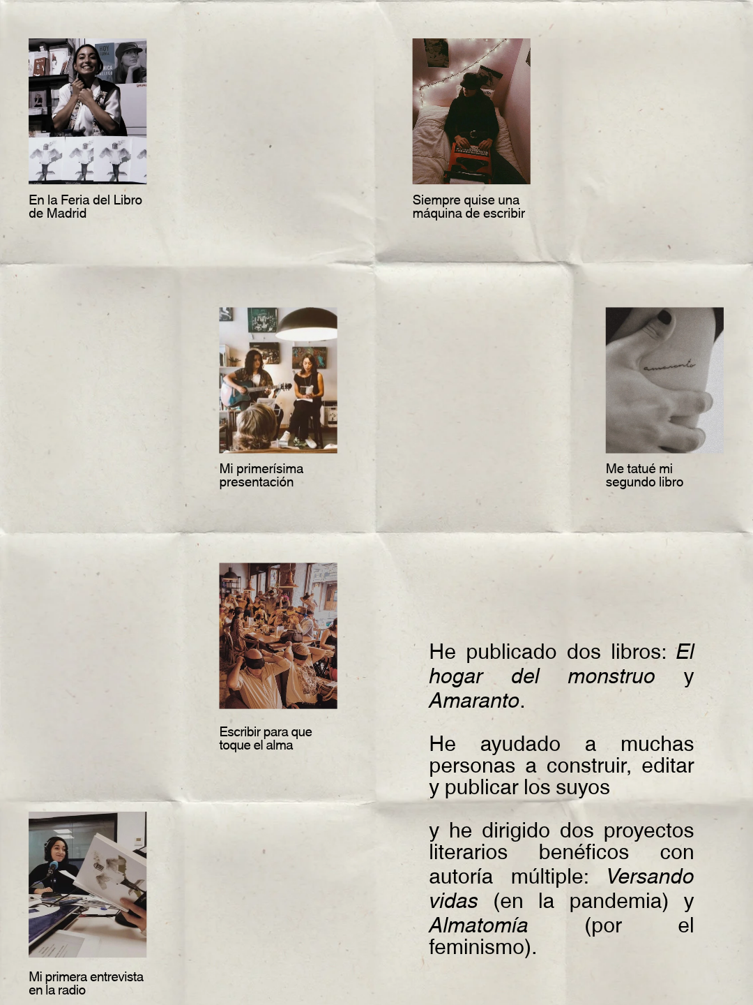 Collage di immagini di una donna in varie attività legate alla scrittura e alla cultura. La prima immagine mostra una ragazza che sorride in una fiera del libro a Madrid. La seconda immagine ritrae una persona seduta a letto con una macchina da scrivere. La terza immagine mostra due donne che suonano e cantano in un locale. La quarta immagine è di un tatuaggio sulla mano con la parola "amante". La quinta immagine raffigura un pubblico in una libreria o caffè letterario. L'ultima immagine mostra una donna che intervista se stessa in radio mentre sfoglia un libro.
