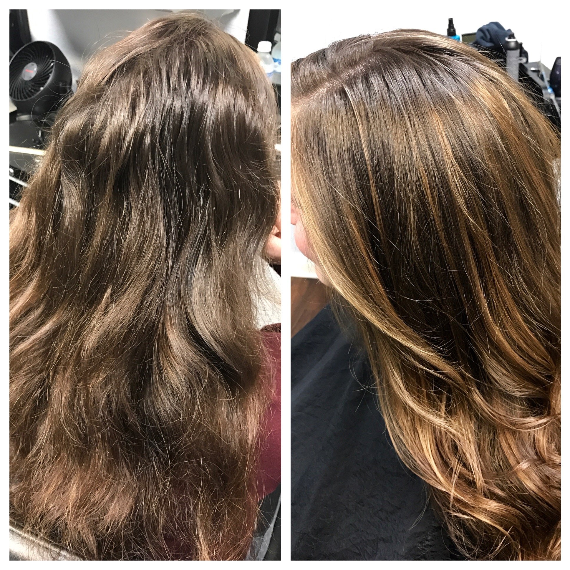 Comparison of hair before and after hair treatment, showing hair color and texture change with a split view.