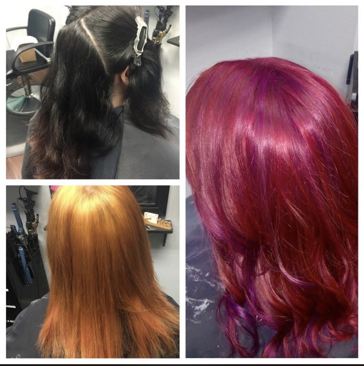Three pictures showing a hair transformation process. The top left image shows a woman with dark, wavy hair in a salon. The bottom left image shows the same woman with bright orange, straight hair after a color treatment. The right image displays the woman now with vibrant pink and purple styled curls, indicating a new hair color and style.