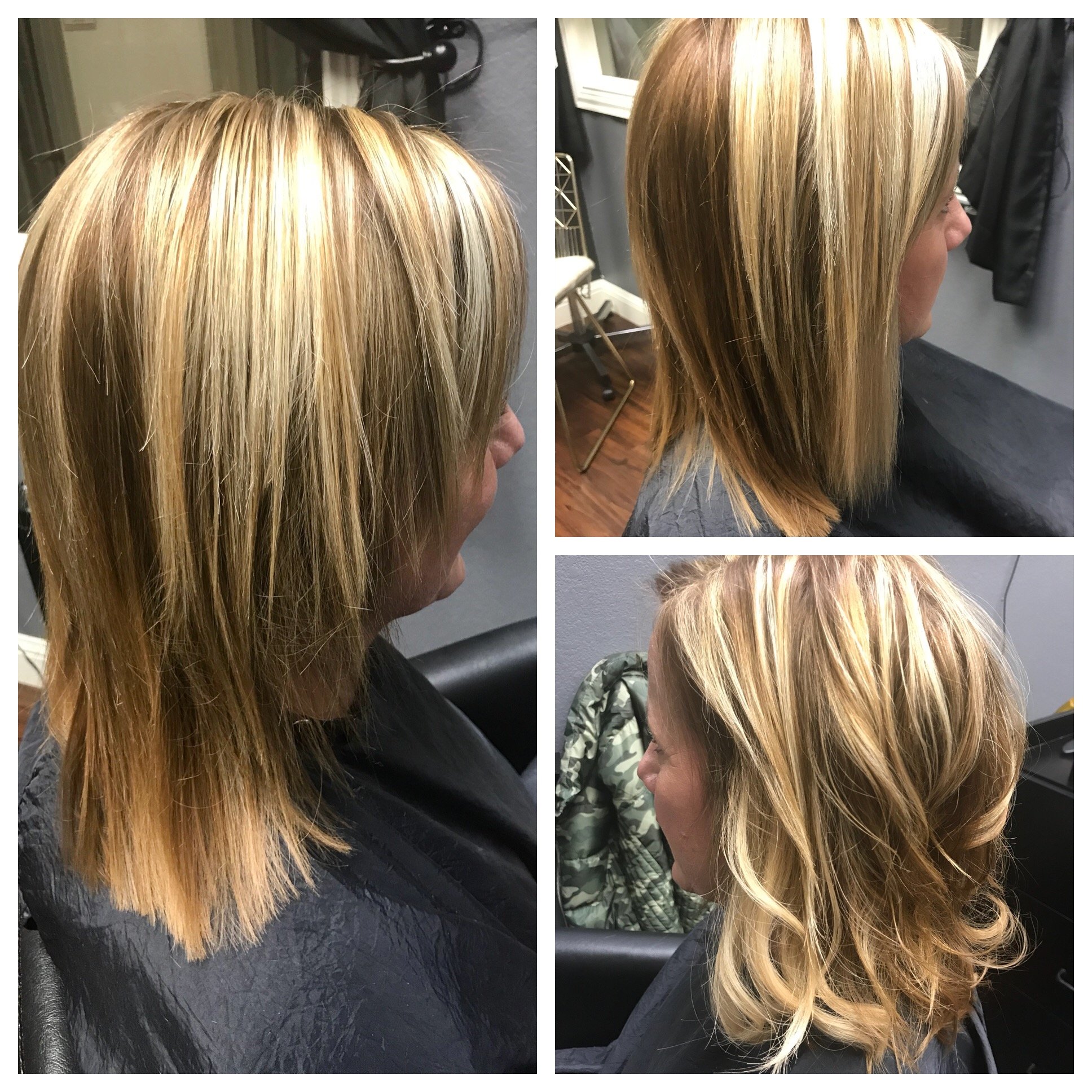 A woman with blonde hair before and after a haircut and coloring, showing a transition from longer, unstyled hair to a shorter, layered hairstyle with a balayage color technique.