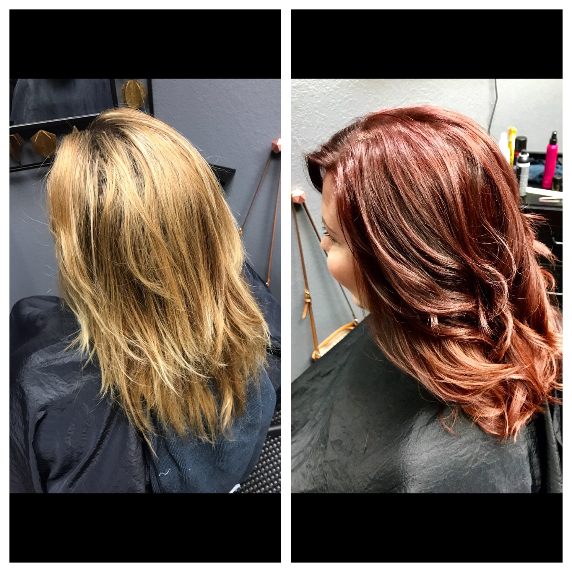 Side-by-side comparison of a person's hair before and after a coloring treatment. The left side shows blond hair, and the right side shows the same hair styled with a warm, reddish-brown hue.