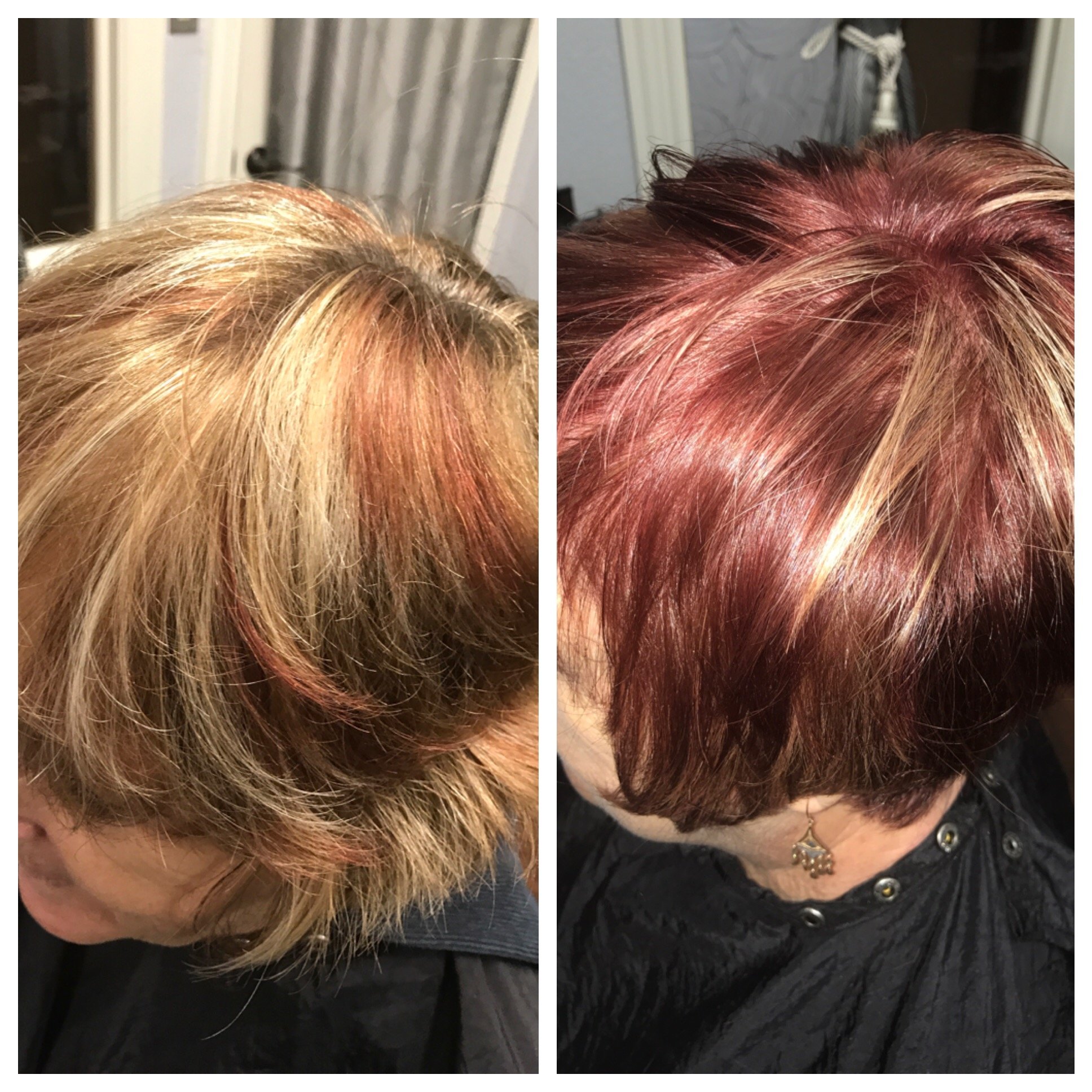 Side-by-side comparison of a person's hair before and after a coloring treatment, showing blonde hair on the left and reddish-brown hair on the right.