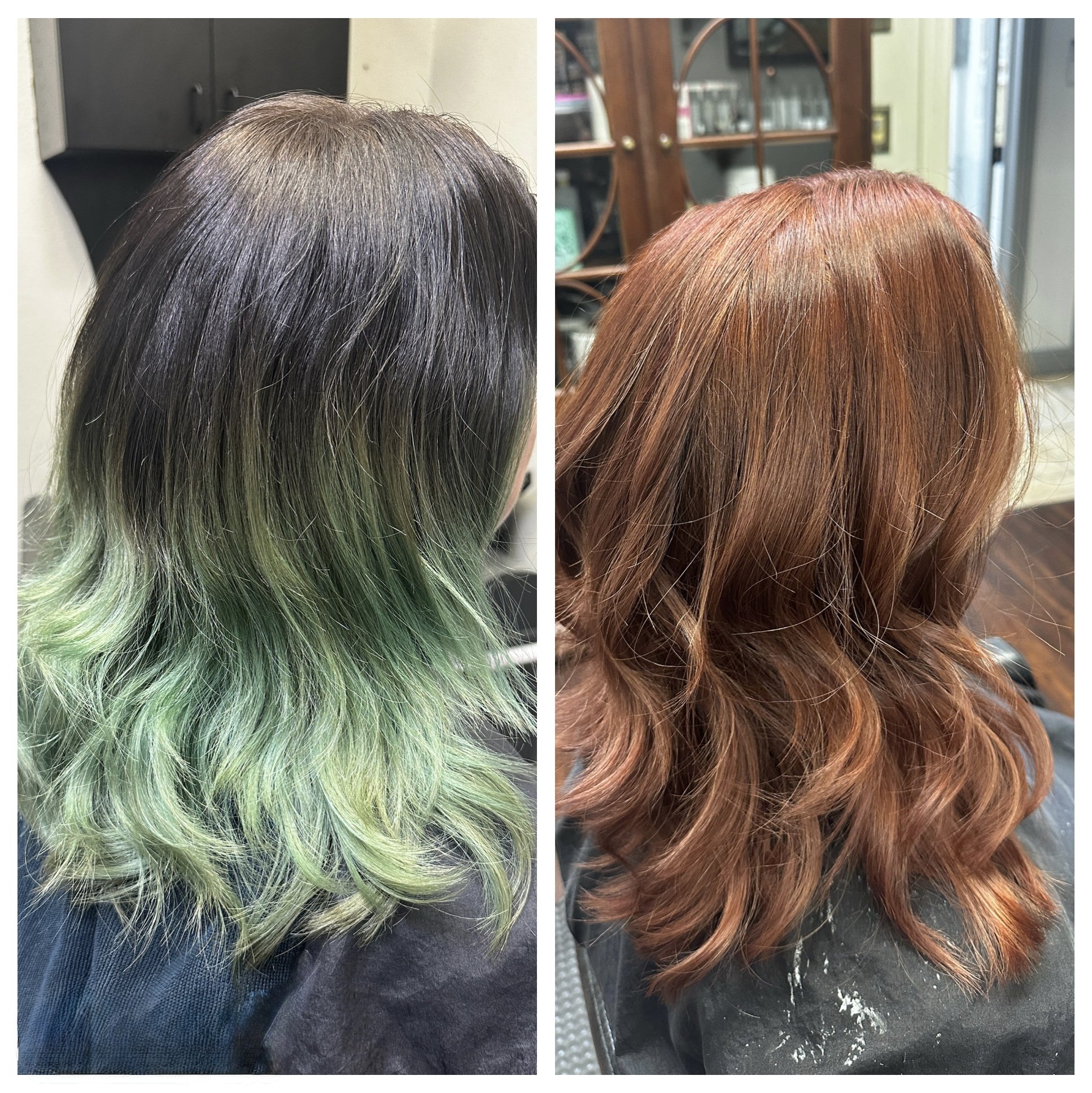 Side-by-side comparison of a person's hair before and after dyeing. The left shows hair with black and green ombré color, while the right shows hair with vibrant red-orange color.