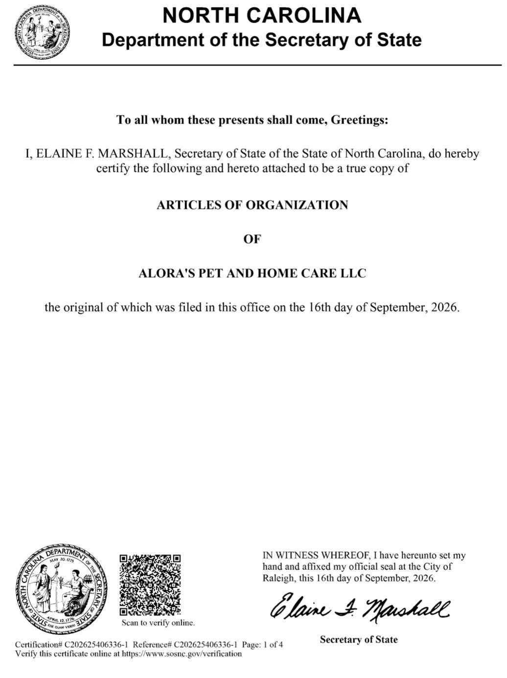 Official North Carolina certificate of organization for Alora's Pet and Home Care LLC, signed by Secretary of State Elaine F. Marshall, featuring official seals and a QR code.