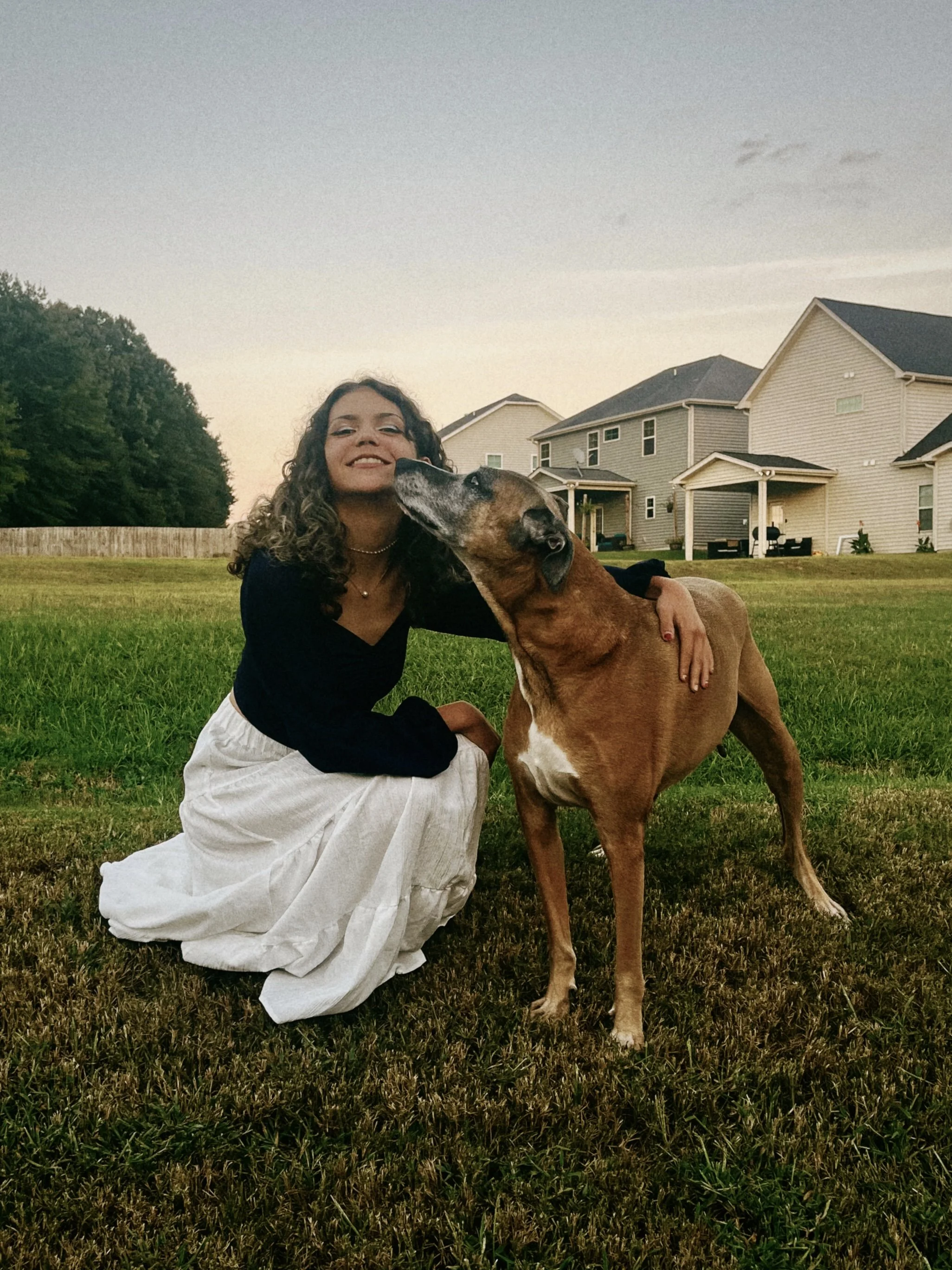 A woman kneeling on the grass embraces a large brown dog as it licks her face with houses and trees in the background during sunset.