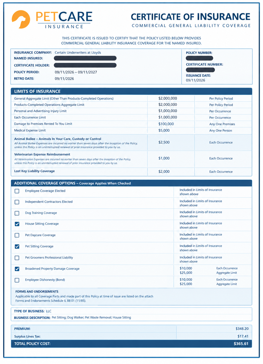 Pet Care Insurance certificate of insurance document showing coverage limits, additional options, business details, and costs.