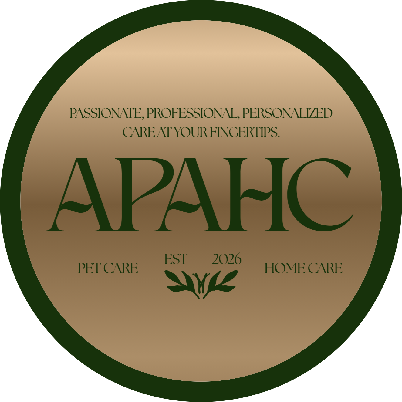Logo for APHC, an organization established in 2026, offering pet care and home care services, featuring a circular design with green and beige colors, with the slogan 'Passionate, Professional, Personalized Care at Your Fingertips.'