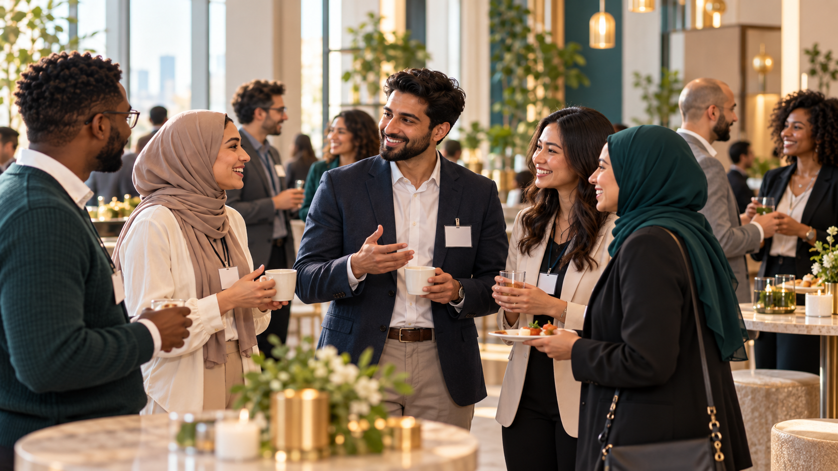 Group of professionally dressed diverse people chatting and drinking coffee at a social event in a bright, modern venue with large windows, decorative lighting, and floral arrangements.