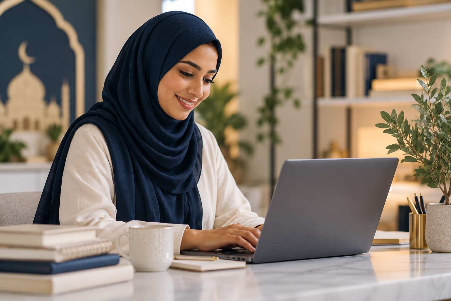 A woman wearing a navy blue hijab and a beige long-sleeved shirt sitting at a desk working on a laptop, with books, a white mug, and a potted plant on the desk.