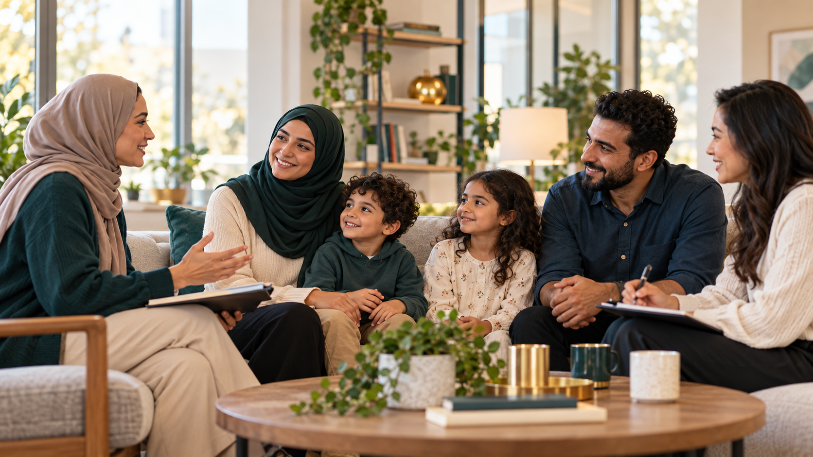 Group of six people, including women, children, and man, sitting on a couch and engaging in conversation in a bright, cozy living room with large windows and plants.