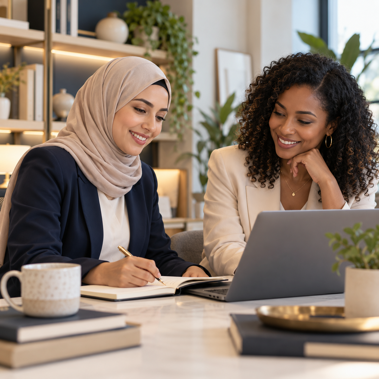Two women sitting at a table, smiling and working together in an office or cafe. One woman is wearing a hijab and writing in a notebook, while the other has curly hair and is looking at a laptop.