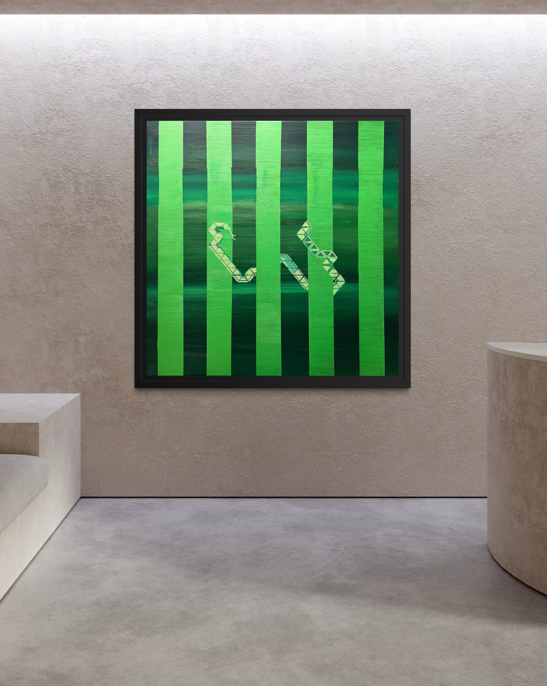Emerald Snake - original geometric artwork by M. Molenda, featuring a stylized lime green serpent against bold emerald-green vertical stripes and green gradients.