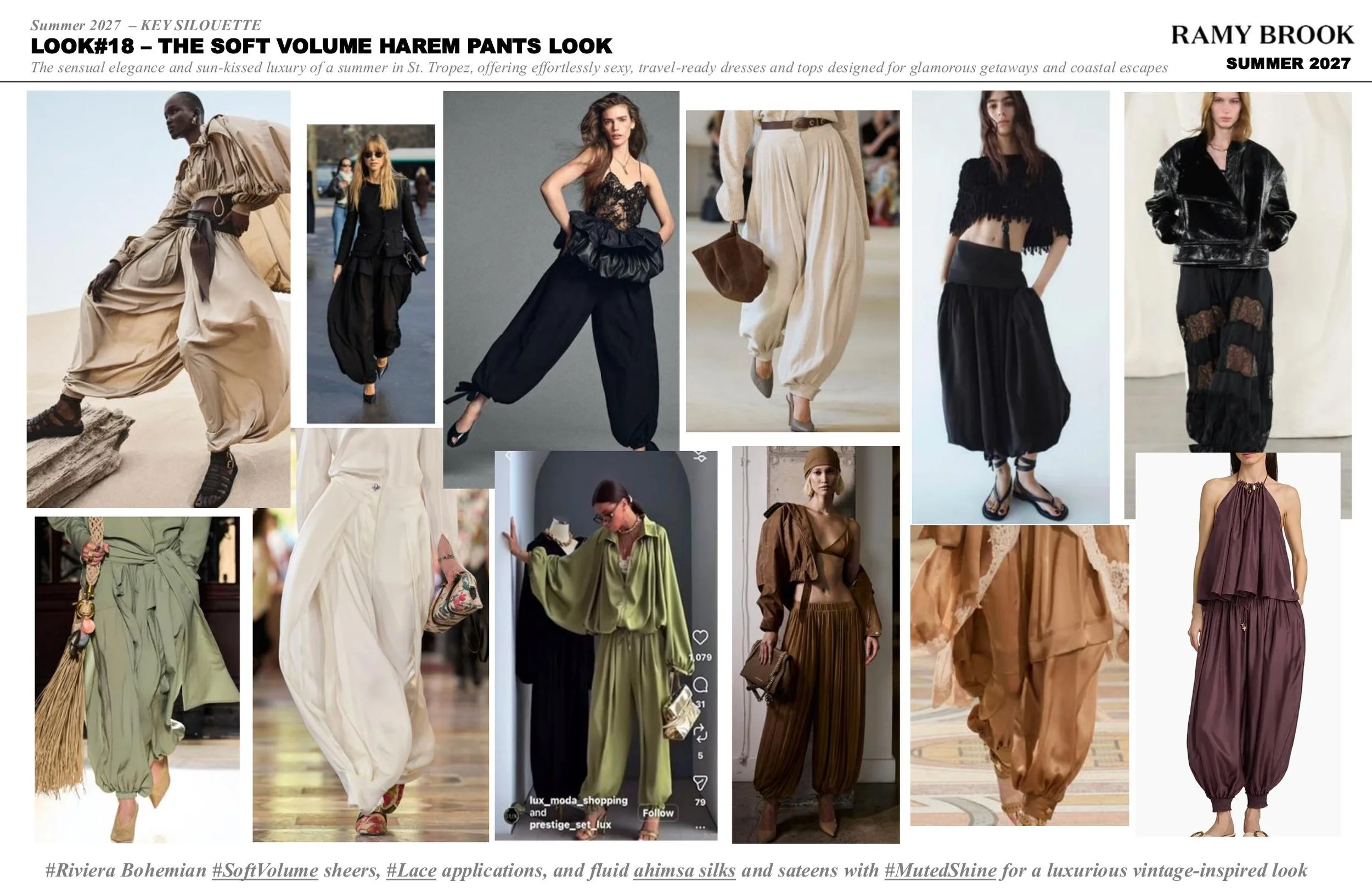 A collage of summer fashion outfits featuring wide-leg trousers, flowing fabrics, lace details, and textured fabrics, displayed on models walking runway or posing for photos.