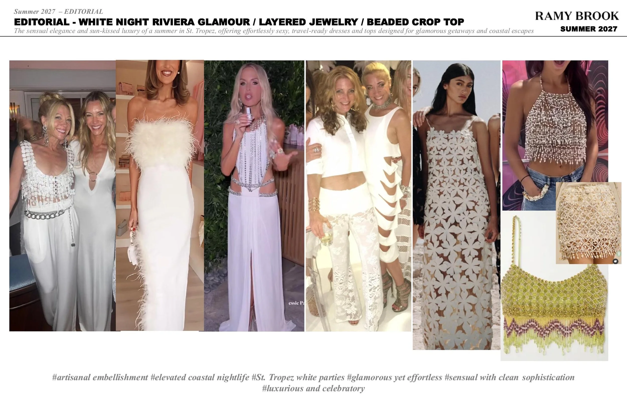 A collage of women wearing white dresses at a summer party, showcasing layered jewelry, beaded crop tops, and elegant accessories, with a focus on white night Riviera glamour for St. Tropez summer 2027.