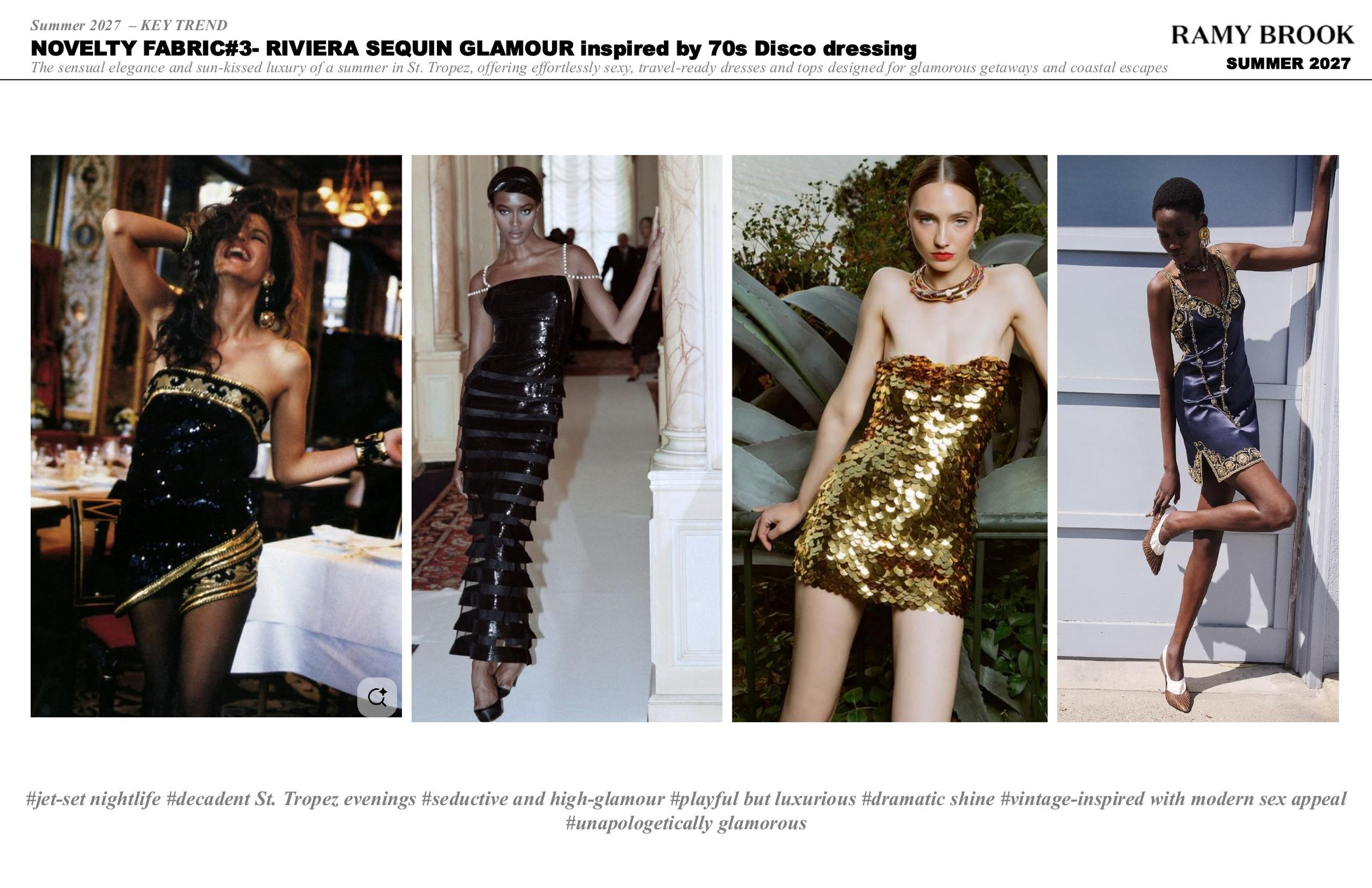 Four women wearing glamorous, sequined and shiny dresses inspired by 70s disco fashion, standing and posing in elegant settings and outdoors during summer 2027.