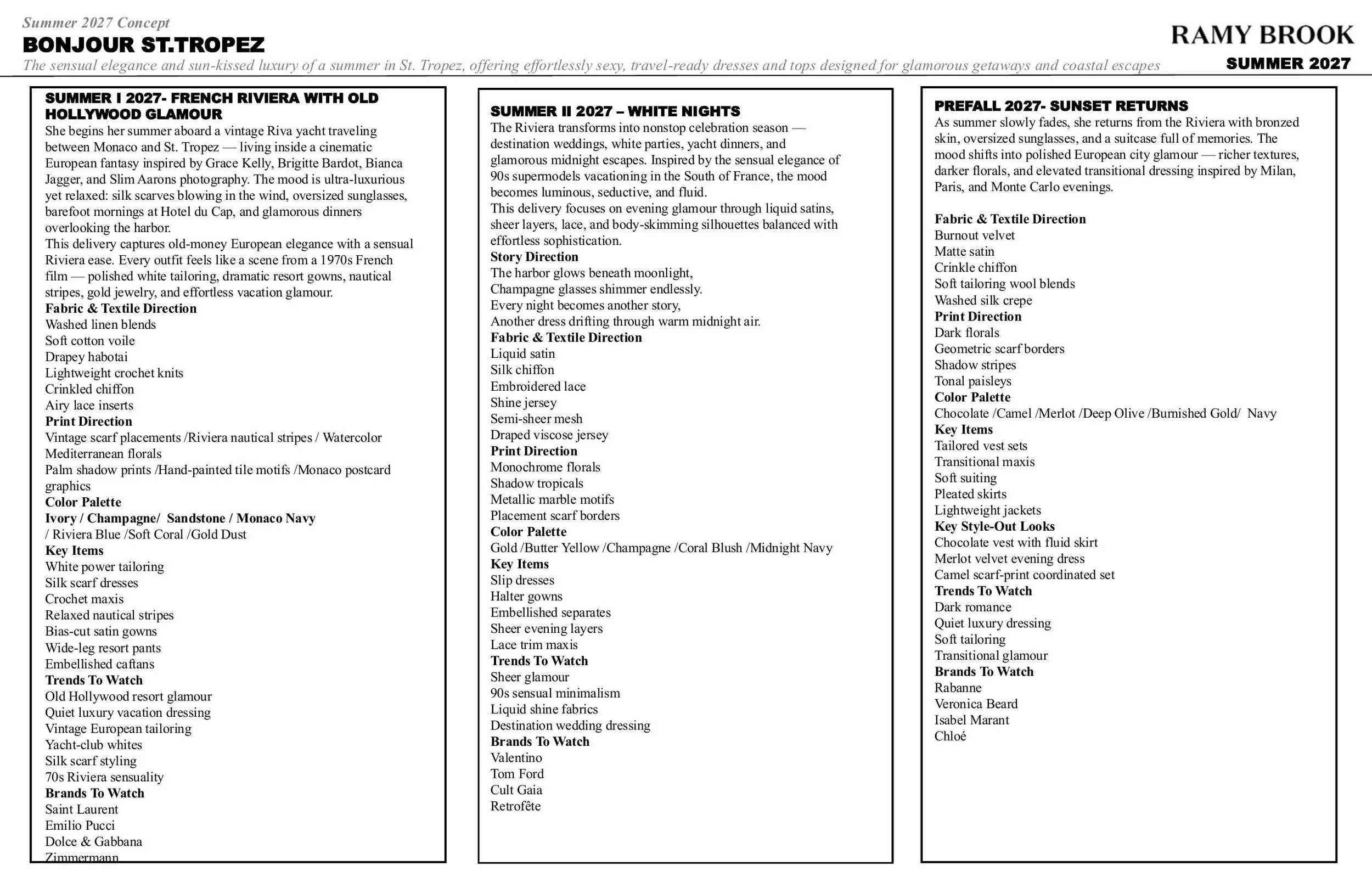 A detailed fashion concept page for summer 2027 featuring three themes: 'French Riviera with Old Hollywood Glamour,' 'White Nights,' and 'Sunset Returns.' It lists clothing styles, fabrics, key items, brands, and trends for each theme, with descripti
