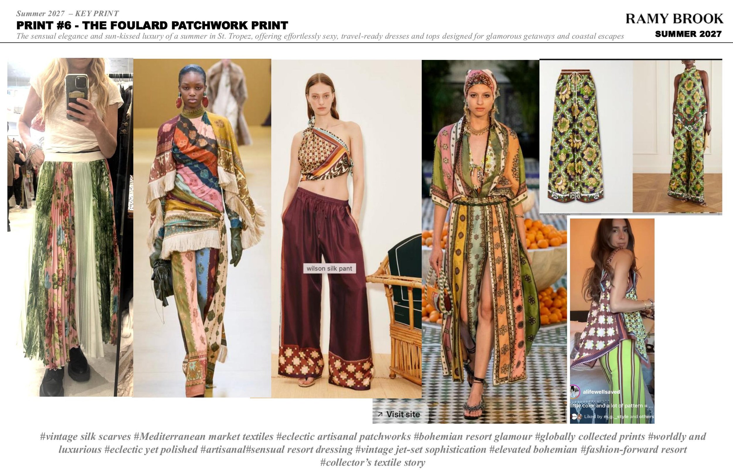 A collage of fashion photos showcasing vintage silk scarves and patchwork dresses in various patterns and colors, with models wearing bohemian-inspired styles.