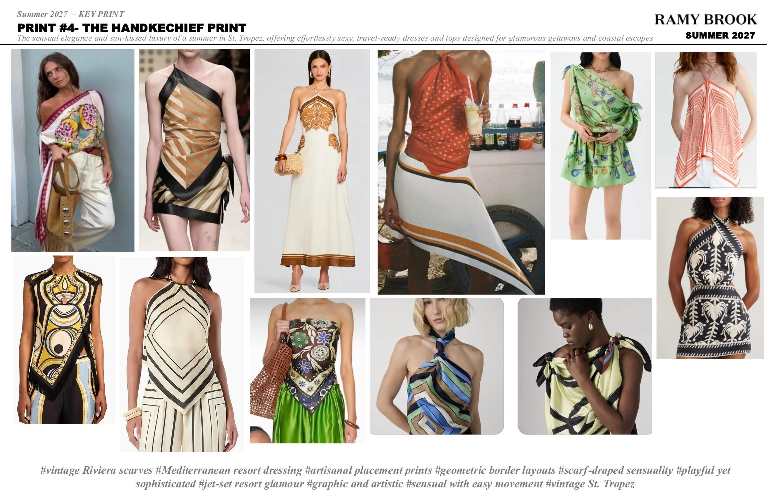 Collage of women wearing colorful, patterned summer dresses and tops, some with billowing skirts, on a summer-themed fashion spread titled "The Handkechief Print" for Summer 2027.