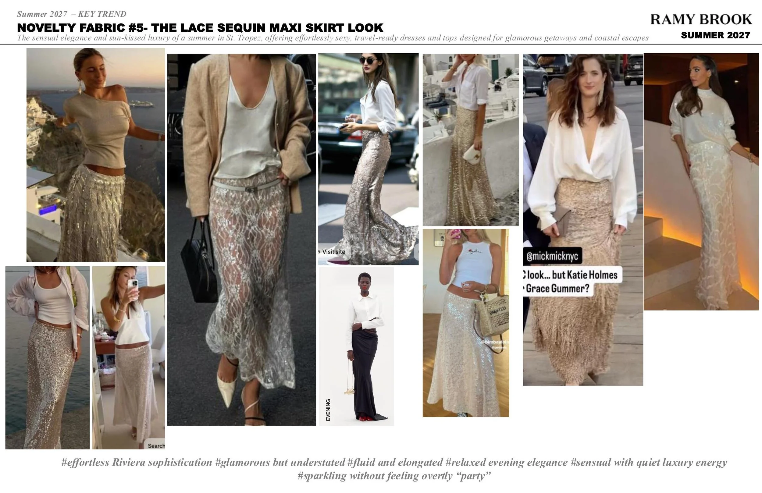 A collage of women wearing gold and beige lace sequin maxi skirts paired with various tops, styled for summer and evening outings, demonstrating elegant, sophisticated fashion looks.